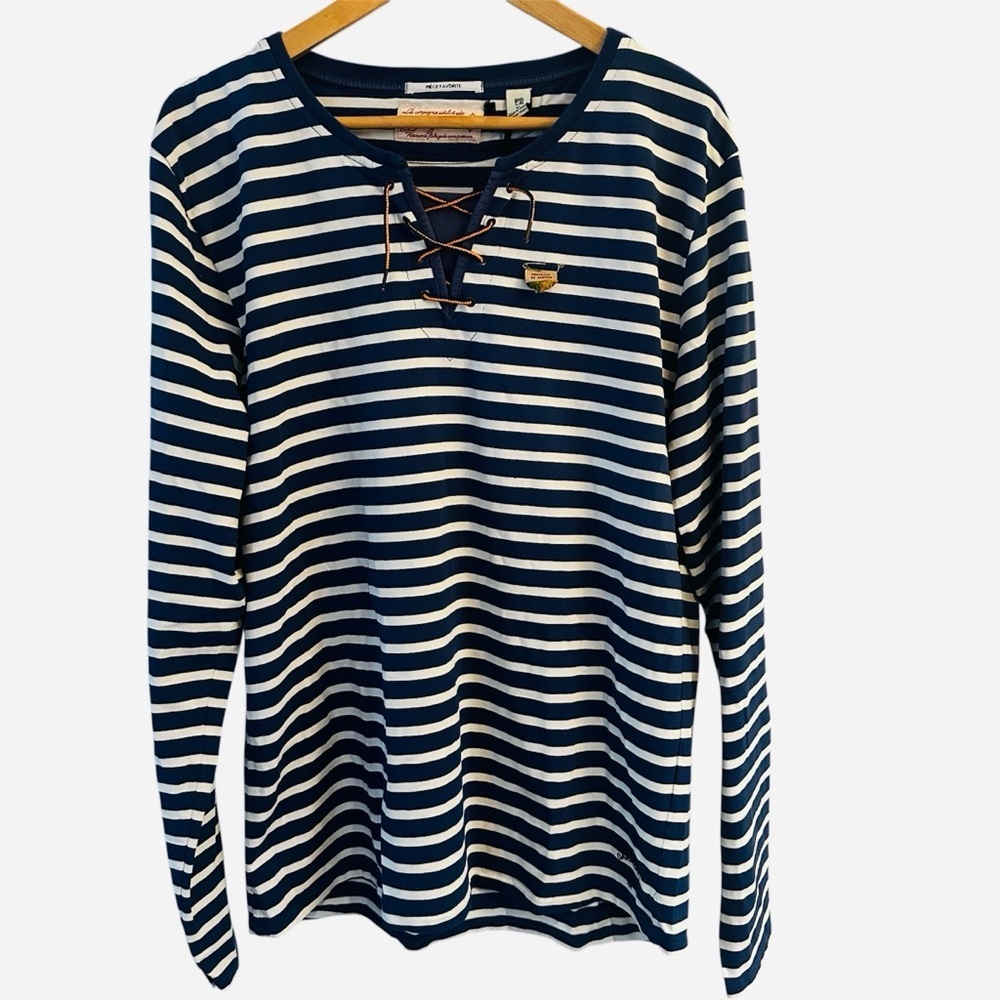 Scotch & Soda Navy and White Striped Lace-Up Long Sleeve Tee